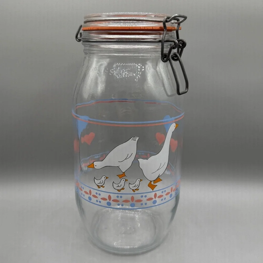 Vintage ARC France Hearts & Geese Glass Canister Set 4 Clamp Lid Wire Bail Jars